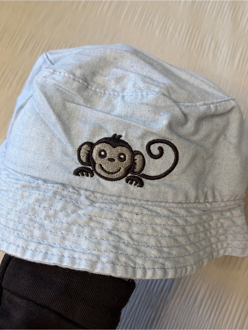 Kids Light Blue Monkey Embroidered Bucket Hat